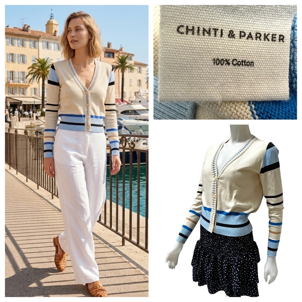 Chinti & Parker Striped Cardigan Cotton Knit Tennis Prep Coastal XS French Girl